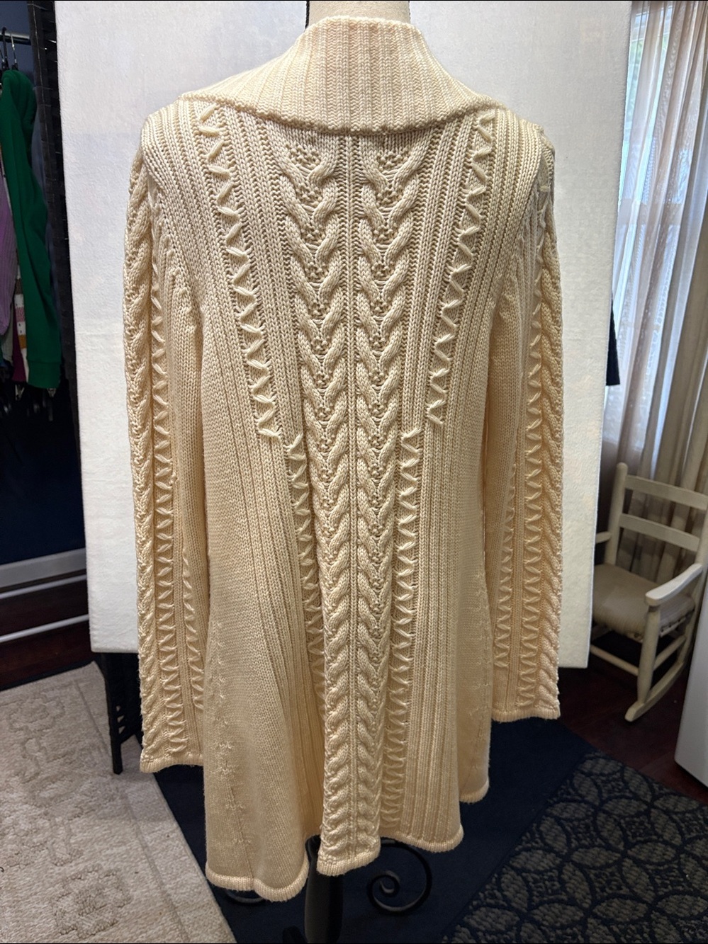 Banana Republic Extra Fine Merino Wool Cable Knit Longline Cardigan Ivory L EUC - Picture 2 of 7